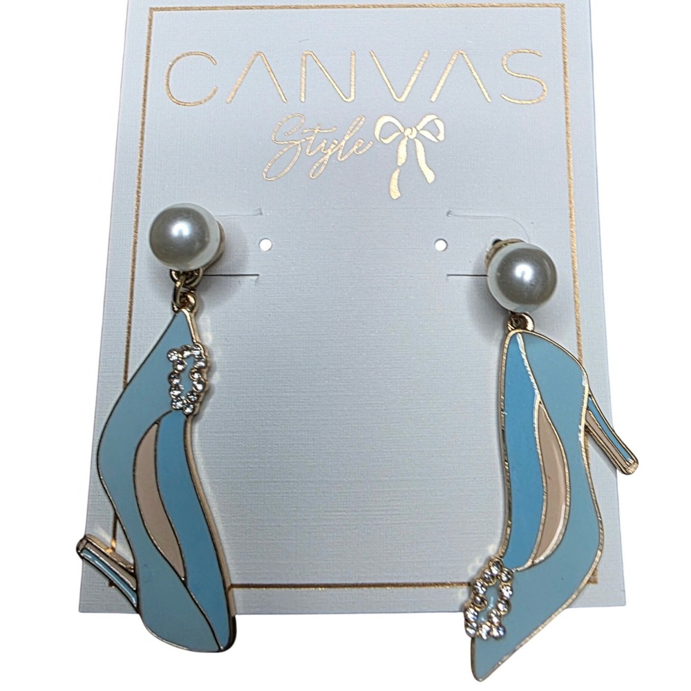Canvas Style Blue High Heel Shoe‎ Drop Earrings Pearl Accent NWT